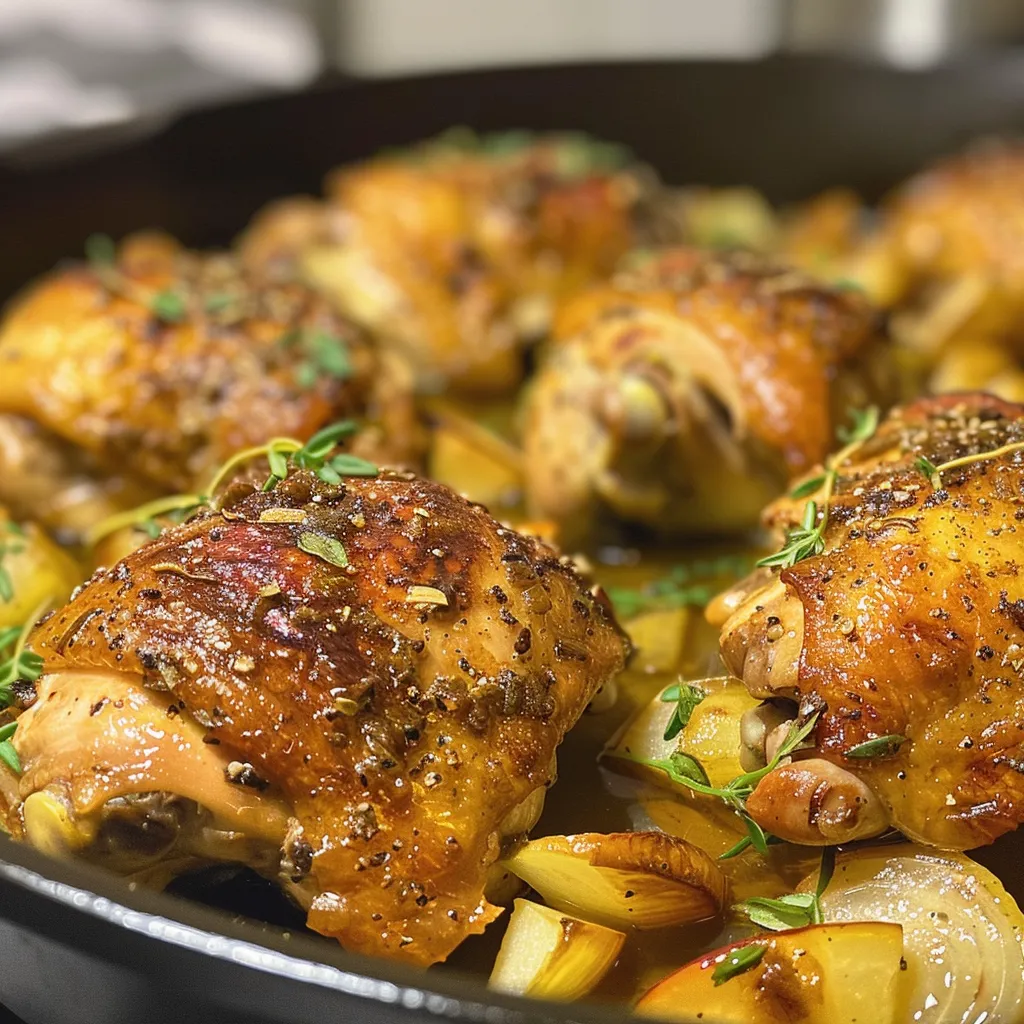 ['Juicy cider braised chicken leg quarters surrounded by chopped carrots and onions.', 'Close-up view of golden-brown cider braised chicken with herbs and vegetables.', 'Succulent chicken legs braised in cider, garnished with fresh thyme and garlic.', 'A plate of tender cider braised chicken with vibrant carrots and sliced garlic.']