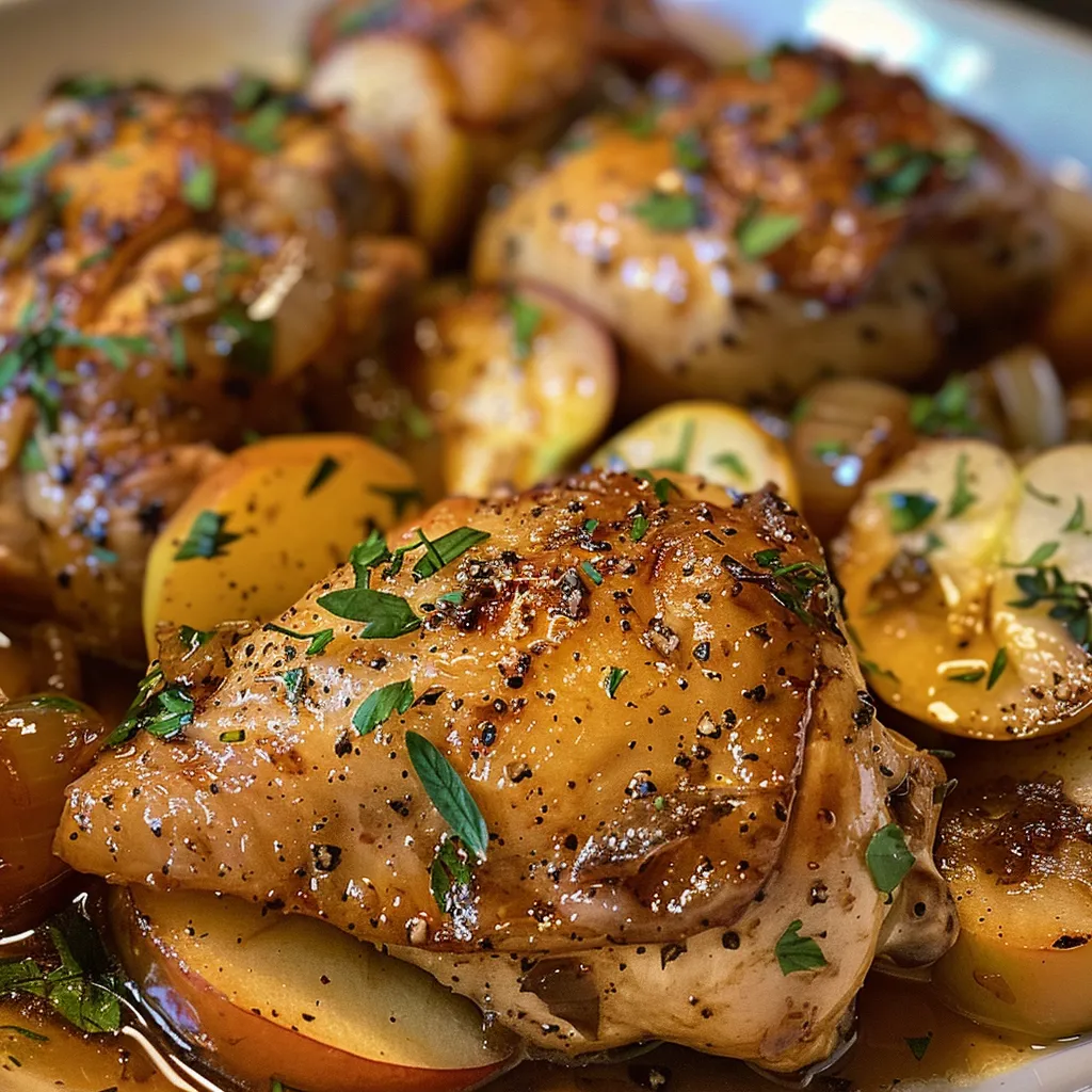 Juicy cider braised chicken leg quarters surrounded by chopped carrots and onions.