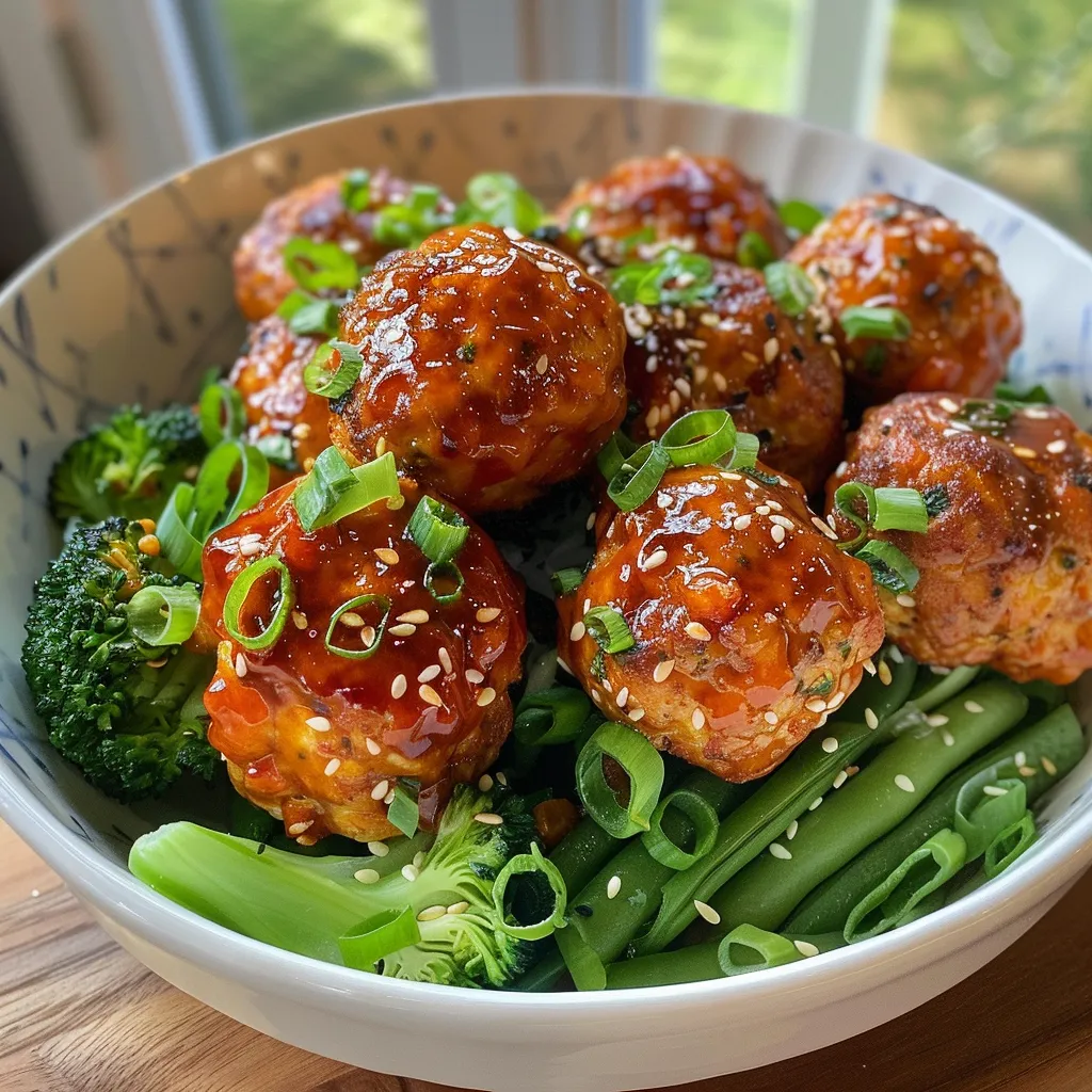 ['A close-up view of juicy Gochujang chicken meatballs on a sheet pan.', 'Side view of sticky Gochujang chicken meatballs with green onions and broccoli.', 'Succulent chicken meatballs coated in red Gochujang sauce, garnished with sesame seeds.', 'Glazed Gochujang chicken meatballs served with broccoli florets on a baking sheet.']