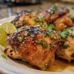 ['Close-up view of juicy baked chicken breasts garnished with lime and chili spices.', 'Side view of baked chili lime chicken breasts, showcasing a golden crust and fresh lime slices.', 'Appetizing baked chicken breasts with a glossy chili lime glaze and herbs on a white plate.', 'Juicy baked chicken breasts arranged on a platter, accented by vibrant lime wedges and spices.']
