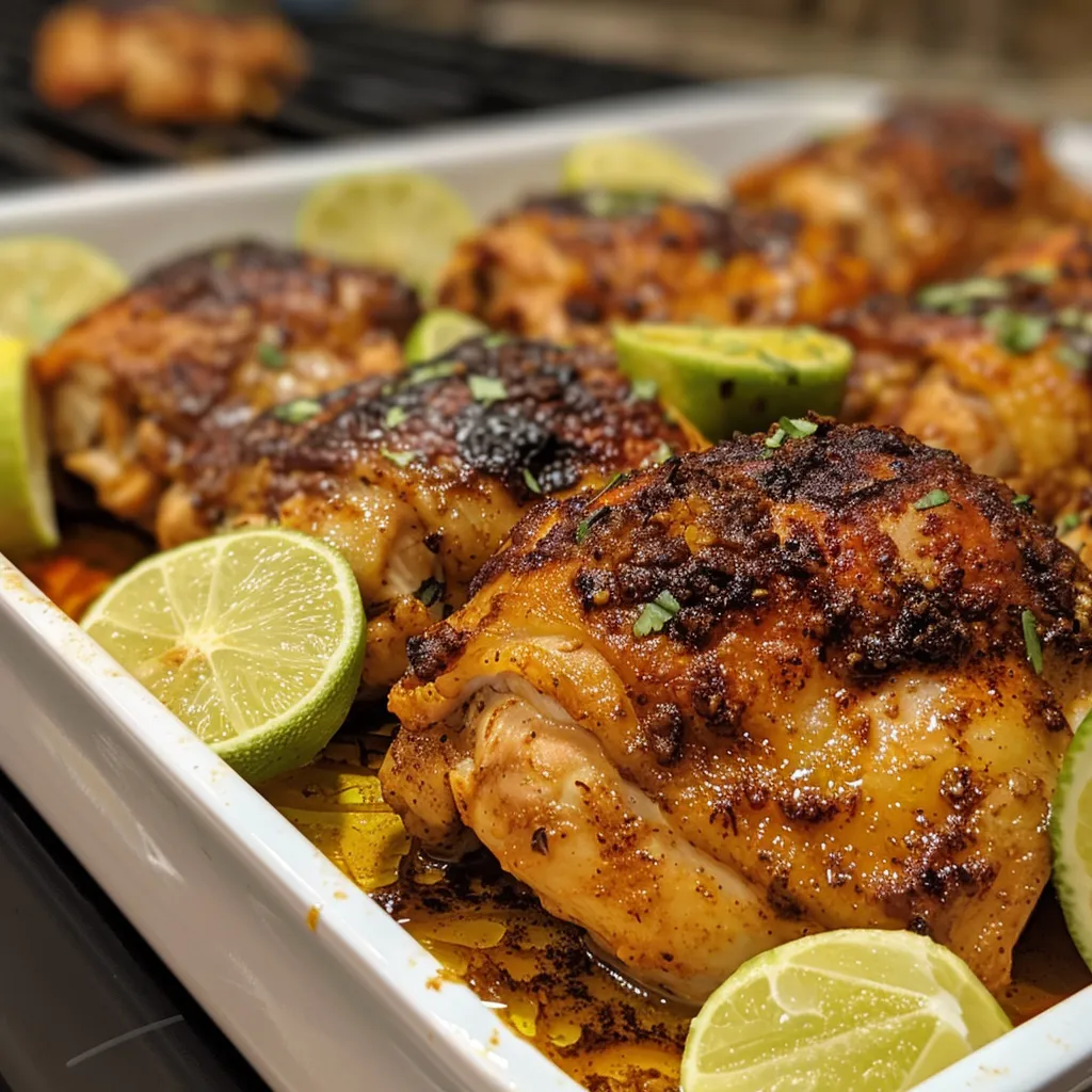 ['Close-up view of juicy baked chicken breasts garnished with lime and chili spices.', 'Side view of baked chili lime chicken breasts, showcasing a golden crust and fresh lime slices.', 'Appetizing baked chicken breasts with a glossy chili lime glaze and herbs on a white plate.', 'Juicy baked chicken breasts arranged on a platter, accented by vibrant lime wedges and spices.']