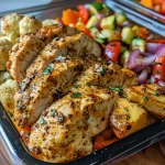 ['Close-up of Chicken Meal Prep Bowls with vibrant vegetables.', 'Juicy chicken and colorful veggies arranged in meal prep containers.', 'Side view of healthy Chicken Meal Prep Bowls filled with fresh ingredients.', 'Delicious Chicken Meal Prep Bowl showing chicken and assorted vegetables.']