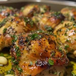 ['Juicy garlic butter baked chicken breast with herbs on a plate.', 'Close-up view of succulent chicken breast garnished with parsley.', 'Side profile of baked chicken breast glistening with garlic butter.', 'Tender chicken breast drizzled with melted garlic butter and spices.']