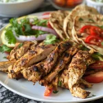 ['Close-up of juicy chicken shawarma served with fresh vegetables and warm flatbread.', 'Side view of tender chicken shawarma topped with cucumbers and tomatoes on a plate.', 'Delicious chicken shawarma with spices, served with garlic yogurt sauce and parsley garnish.', "A vibrant plate of chicken shawarma with sliced onion and fresh herbs, showcasing the dish's colors."]