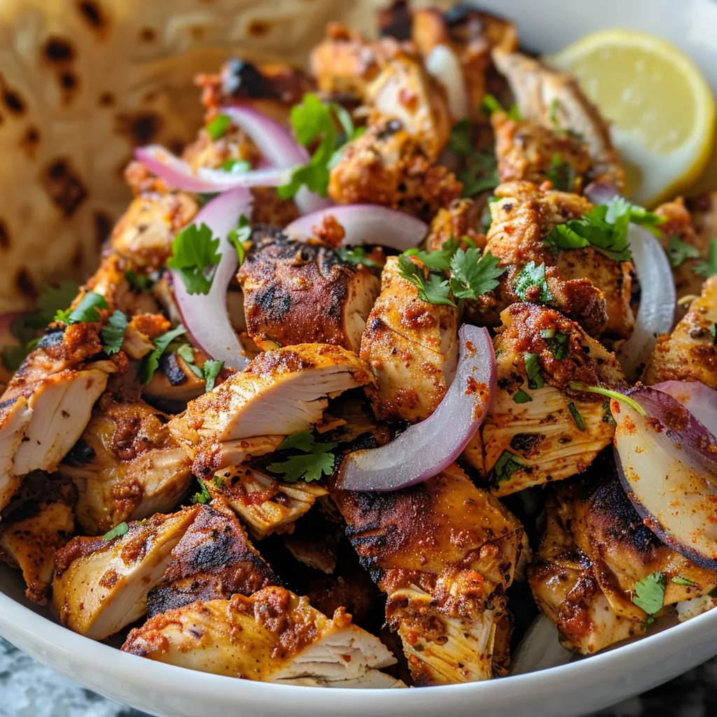 Close-up of juicy chicken shawarma served with fresh vegetables and warm flatbread.