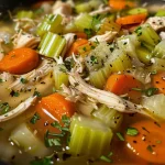 ['A close-up view of a steaming bowl of homemade chicken soup with vibrant vegetables.', 'A side view of a hearty chicken soup filled with carrots, celery, and herbs.', 'A rich and colorful chicken soup showcasing fresh ingredients in a bowl.', 'A bowl of homemade chicken soup featuring pieces of chicken and assorted vegetables.']