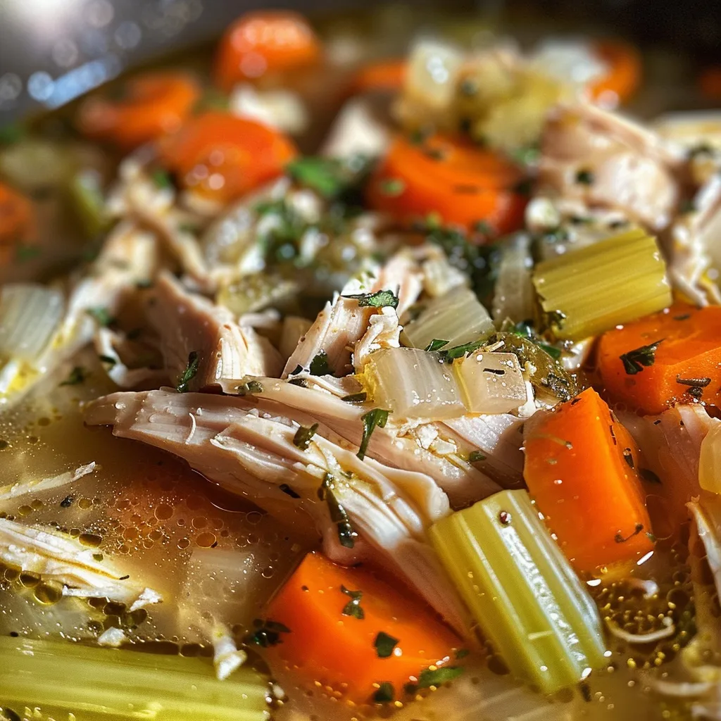 ['A close-up view of a steaming bowl of homemade chicken soup with vibrant vegetables.', 'A side view of a hearty chicken soup filled with carrots, celery, and herbs.', 'A rich and colorful chicken soup showcasing fresh ingredients in a bowl.', 'A bowl of homemade chicken soup featuring pieces of chicken and assorted vegetables.']