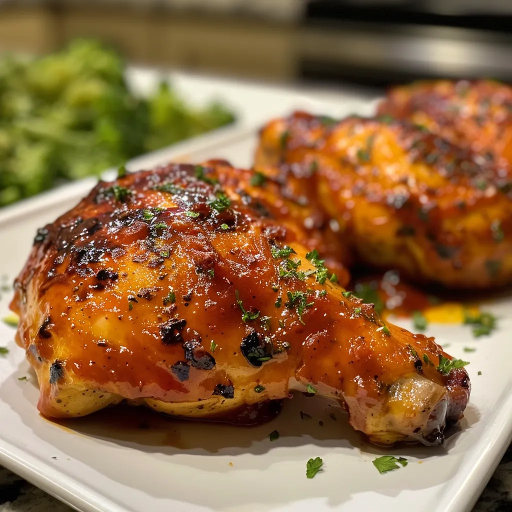 ['Juicy oven-baked BBQ chicken breasts glazed with sauce.', 'Close-up view of tender BBQ chicken with caramelized edges.', 'Side angle of succulent BBQ chicken, highlighting the glaze.', 'Mouthwatering baked chicken coated in rich BBQ sauce.']