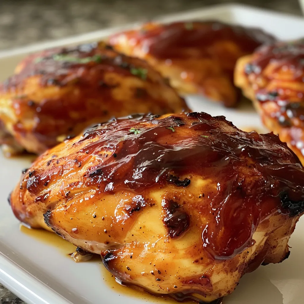 ['Juicy oven-baked BBQ chicken breasts glazed with sauce.', 'Close-up view of tender BBQ chicken with caramelized edges.', 'Side angle of succulent BBQ chicken, highlighting the glaze.', 'Mouthwatering baked chicken coated in rich BBQ sauce.']