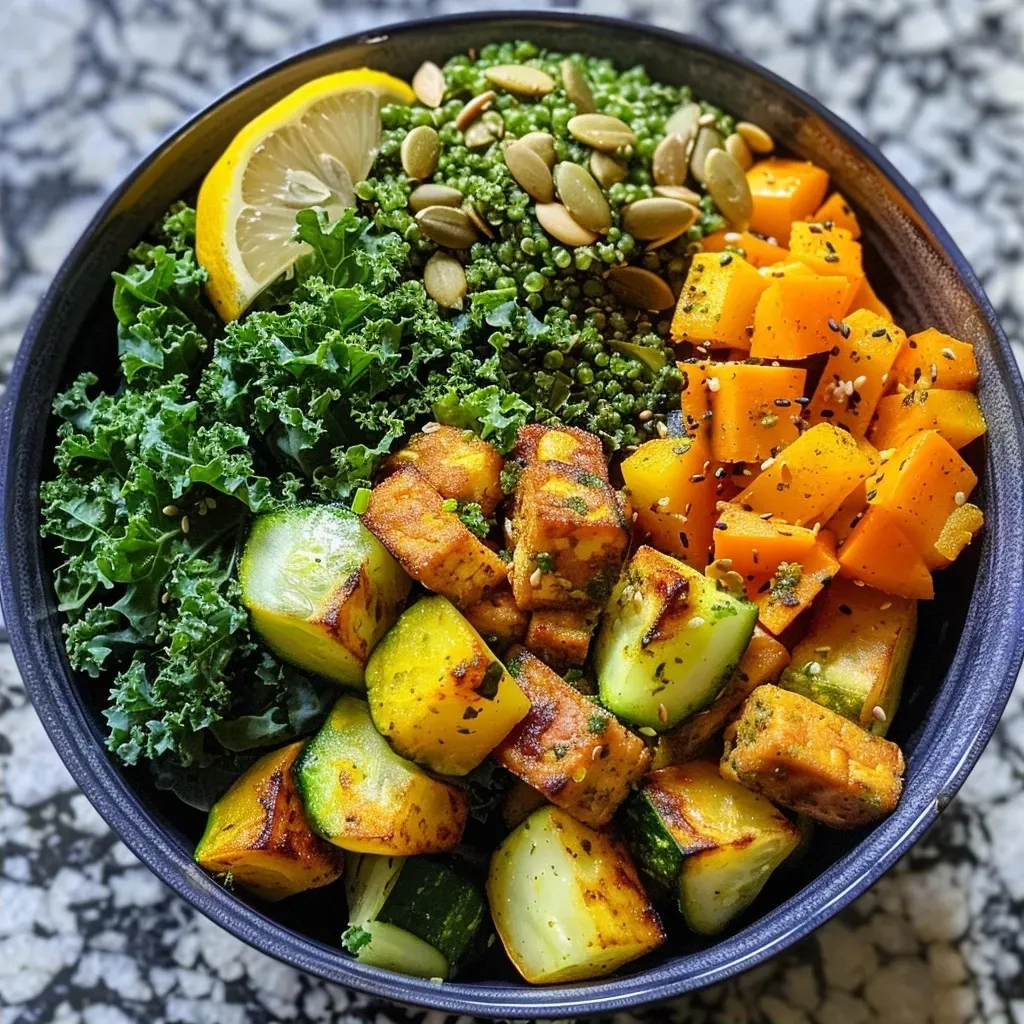 ['Close-up view of a colorful Veggie Pesto Quinoa Buddha Bowl filled with fresh vegetables and quinoa.', 'Side view of a vibrant Buddha Bowl featuring quinoa, pesto, and a variety of vegetables.', 'Juicy Veggie Pesto Quinoa Buddha Bowl with broccoli, bell peppers, and sprouted greens.', 'Deliciously arranged bowl of quinoa topped with tempeh, kale, and fresh basil.']