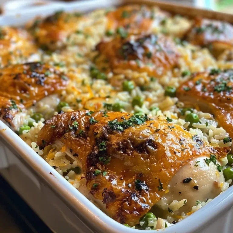 ['Close-up of a Zesty Baked Chicken & Rice Casserole, showcasing golden chicken thighs and melted cheese.', 'Side view of a baked casserole with juicy chicken, rice, and colorful peas, garnished with herbs.', 'Dish of Zesty Baked Chicken & Rice Casserole, highlighting the layers of chicken, rice, and melted cheddar.', 'Delicious-looking casserole featuring chicken thighs, rice, and cheese, ready to serve.']