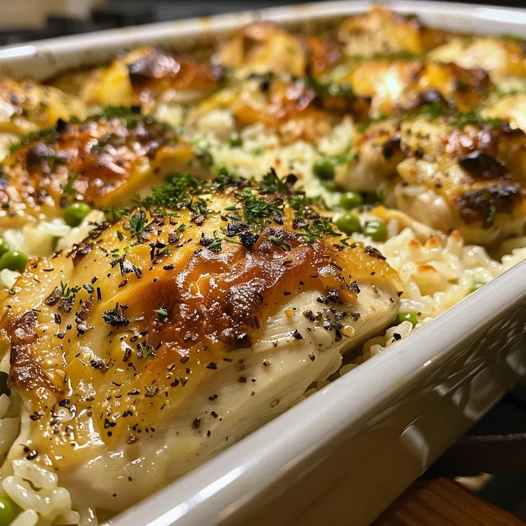 ['Close-up of a Zesty Baked Chicken & Rice Casserole, showcasing golden chicken thighs and melted cheese.', 'Side view of a baked casserole with juicy chicken, rice, and colorful peas, garnished with herbs.', 'Dish of Zesty Baked Chicken & Rice Casserole, highlighting the layers of chicken, rice, and melted cheddar.', 'Delicious-looking casserole featuring chicken thighs, rice, and cheese, ready to serve.']