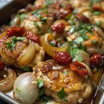 Close-up view of baked caramelized onions and chicken, showcasing golden-brown chicken strips and rich onion layers.