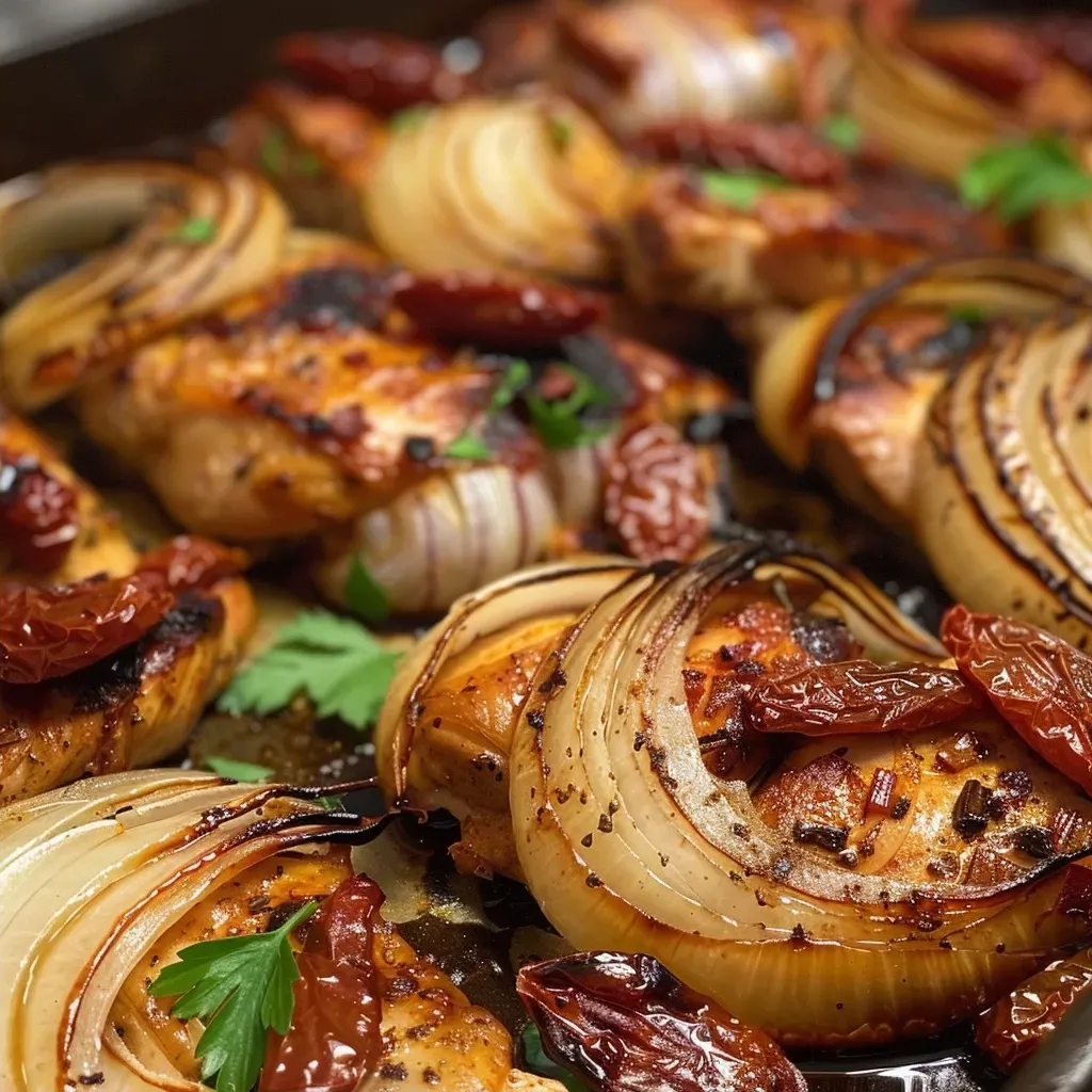 Juicy chicken thighs topped with caramelized onions and sun-dried tomatoes, presented in a vibrant dish.