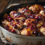 Close-up view of juicy Baked Cranberry Chicken with vibrant cranberries.