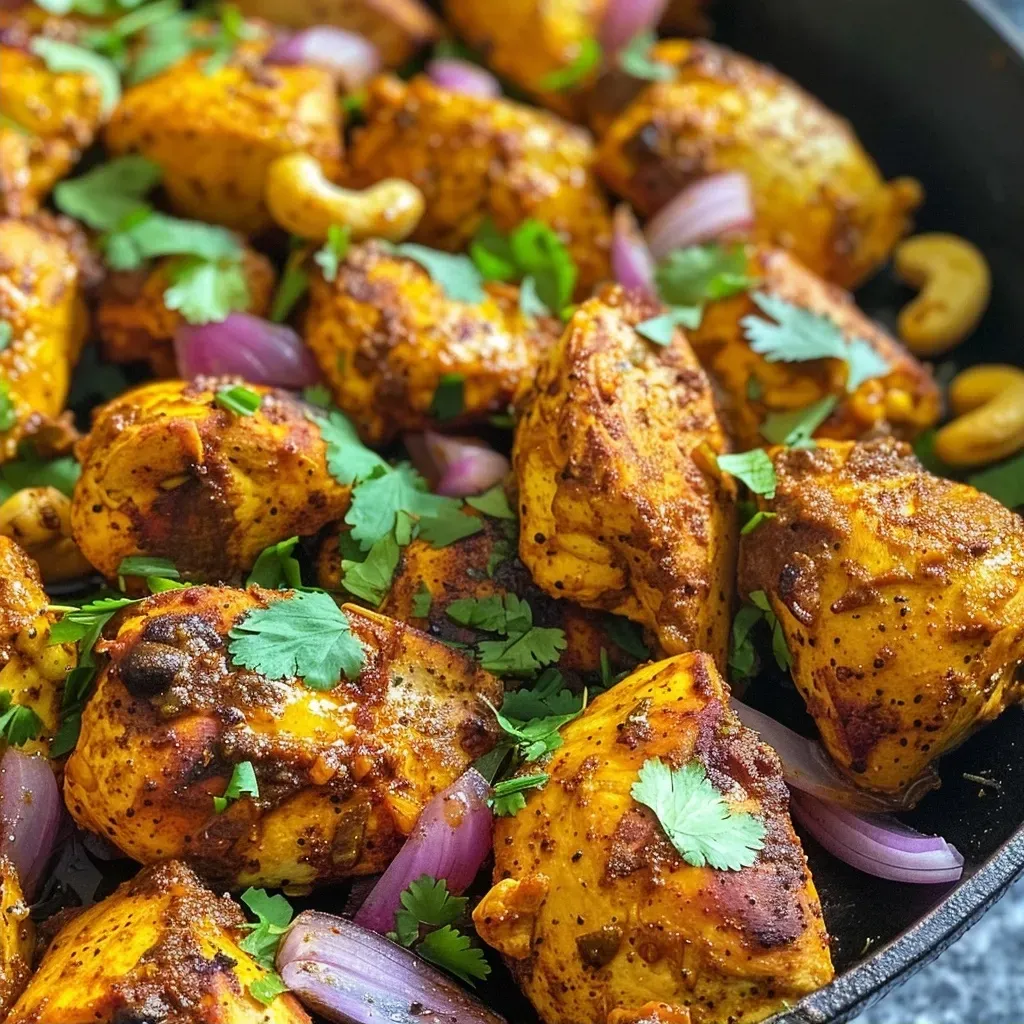 Side view of a plate featuring baked curry chicken garnished with crushed cashews.
