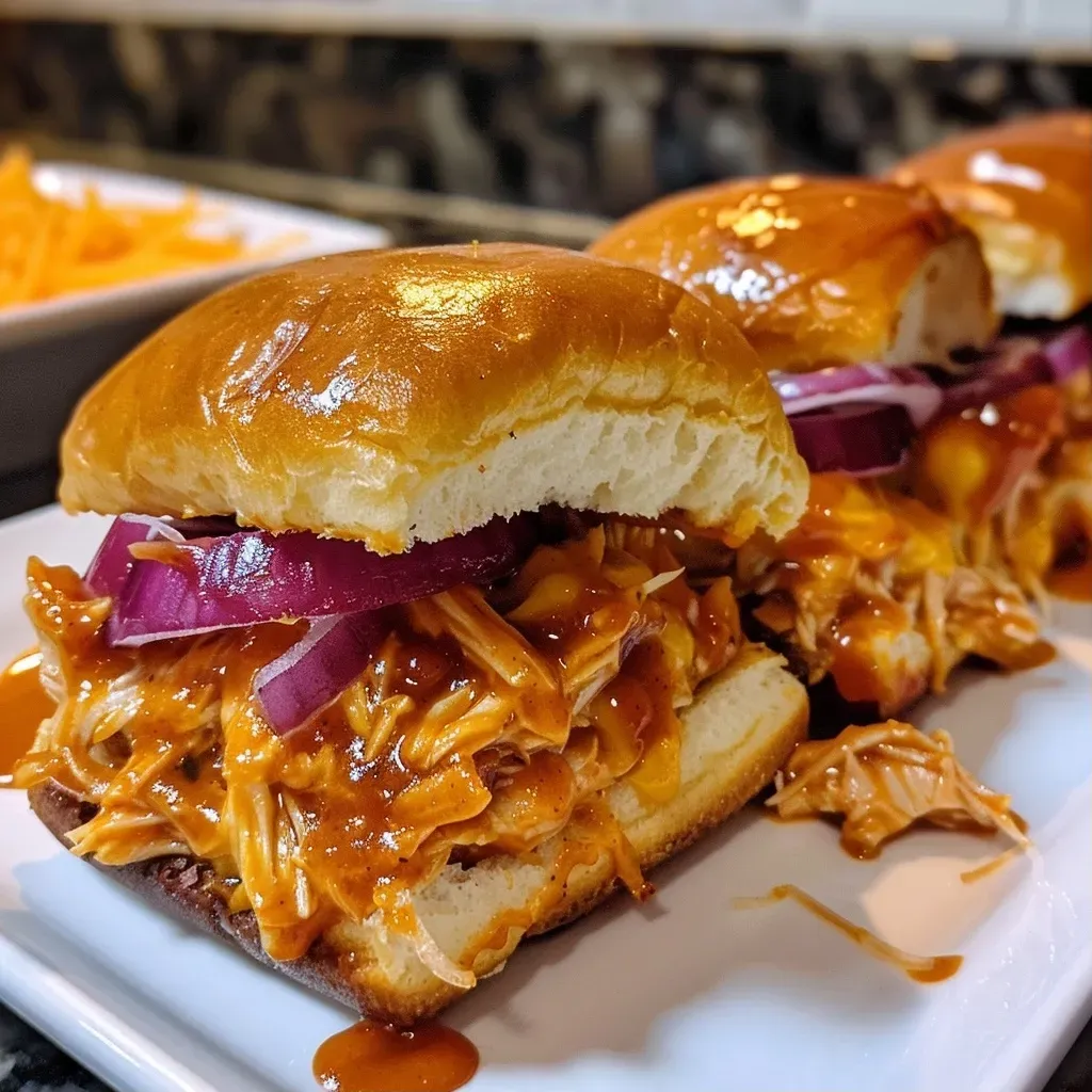 Close-up of BBQ chicken sliders on a wooden board with toppings.