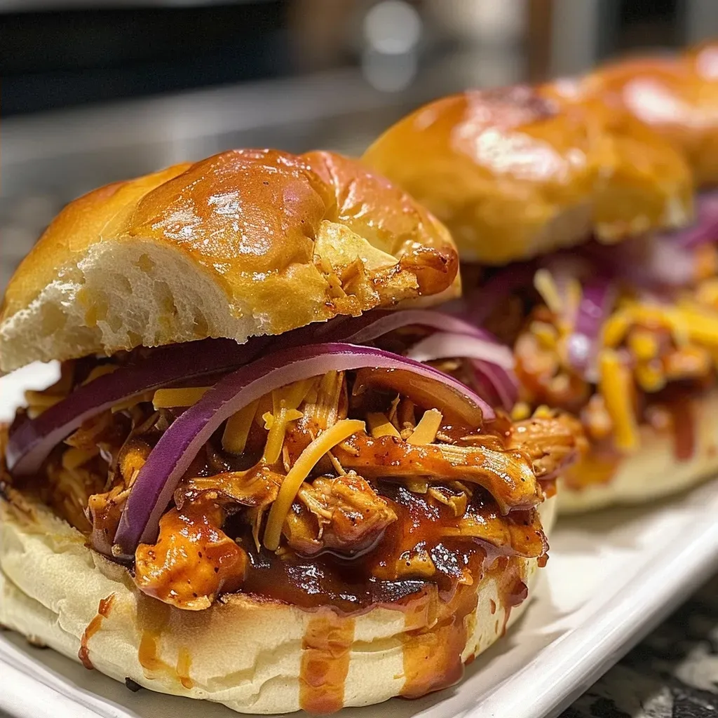 Close-up view of BBQ chicken sliders garnished with shredded cheese and red onion.