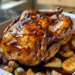 Close-up of slow-roasted BBQ chicken glistening with sauce, surrounded by colorful roasted vegetables.