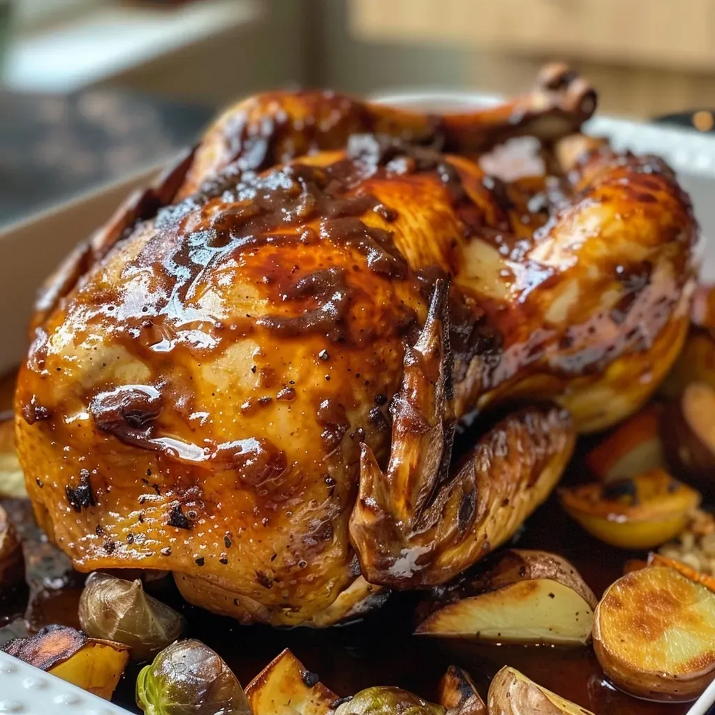 Close-up of slow-roasted BBQ chicken glistening with sauce, surrounded by colorful roasted vegetables.