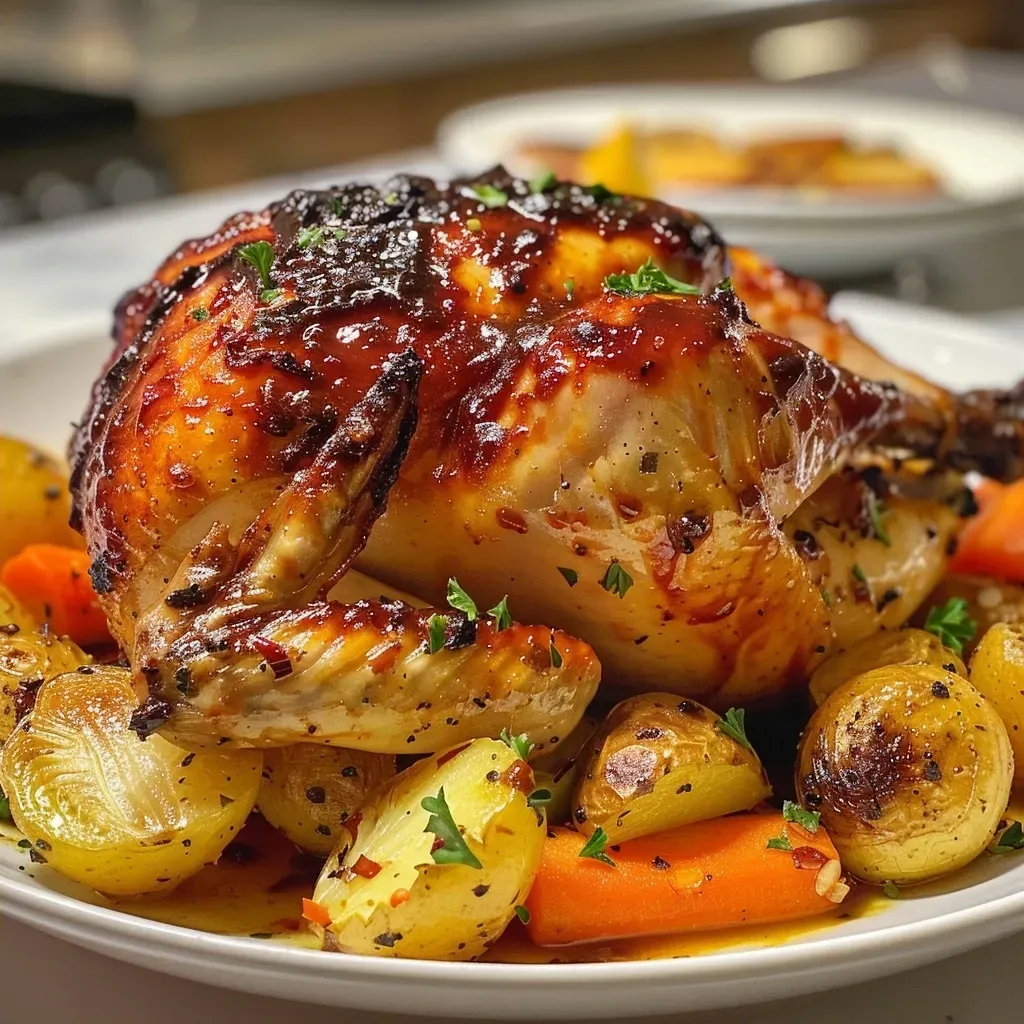 Juicy BBQ chicken with a crispy skin, sitting atop a bed of assorted roasted vegetables.