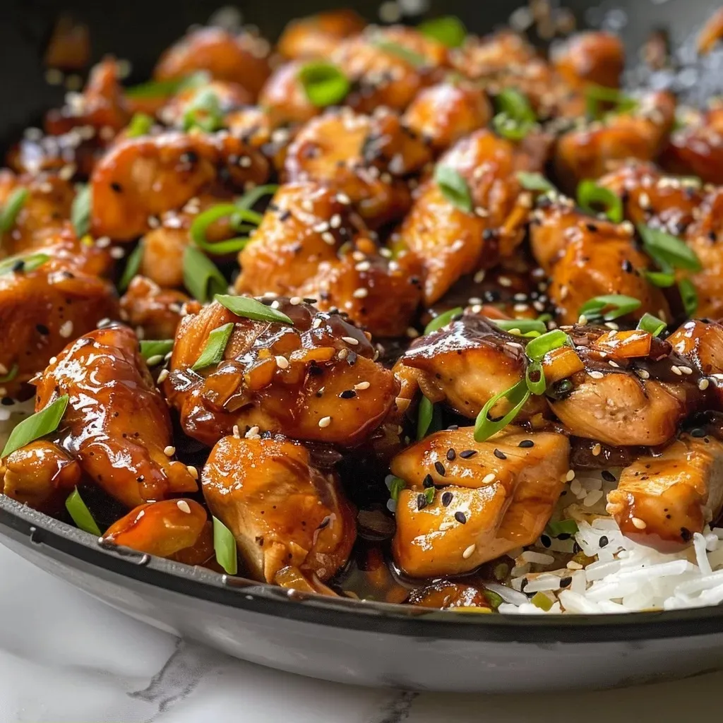 Side view of a Bourbon Chicken dish in a skillet, showcasing the juicy chicken and sauce.