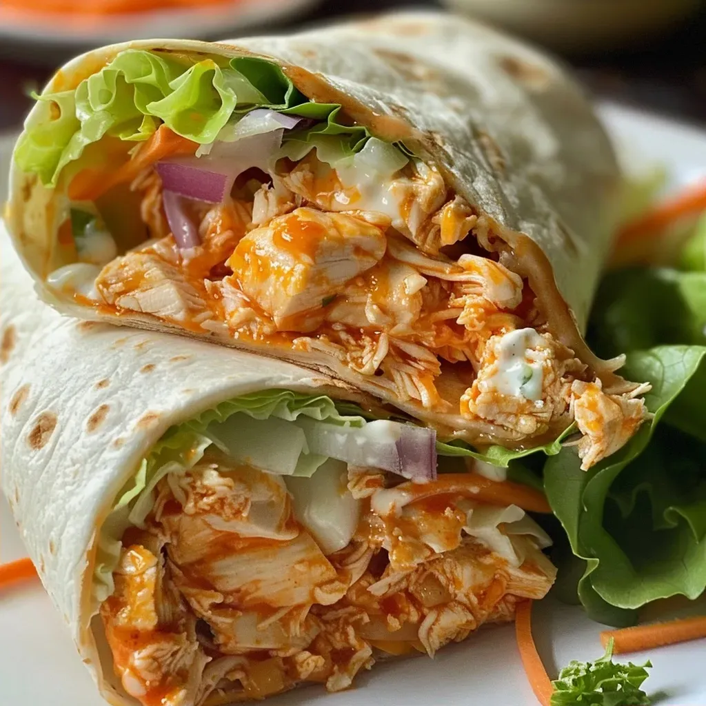 Side angle of a juicy Buffalo Chicken Wrap, showcasing lettuce and cheese.