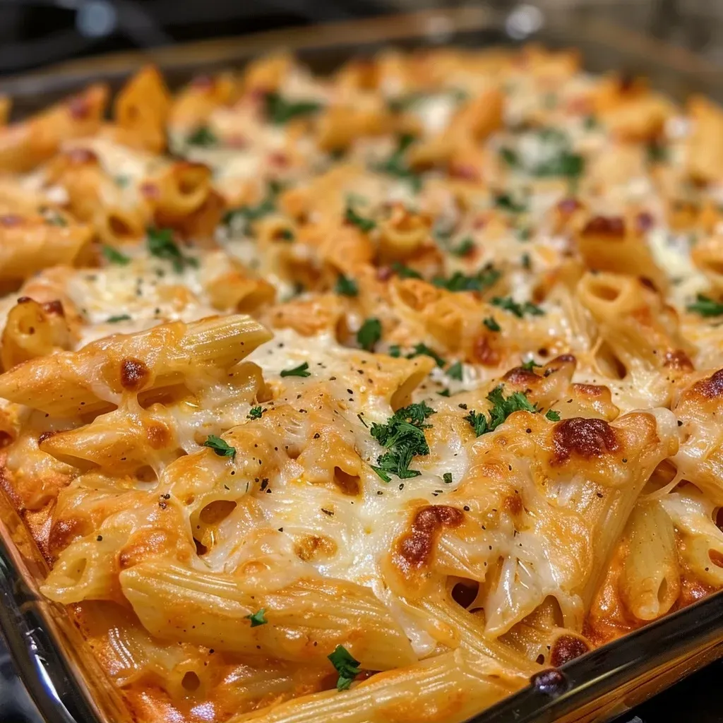 Juicy Butter Chicken Pasta Bake with a golden-brown topping, captured in detail.