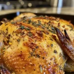 Close-up view of a juicy buttermilk roast chicken, showcasing golden-brown skin.