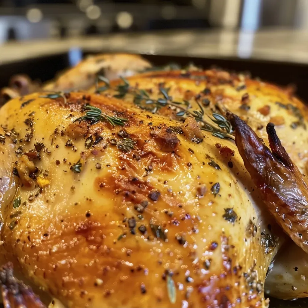 Close-up view of a juicy buttermilk roast chicken, showcasing golden-brown skin.