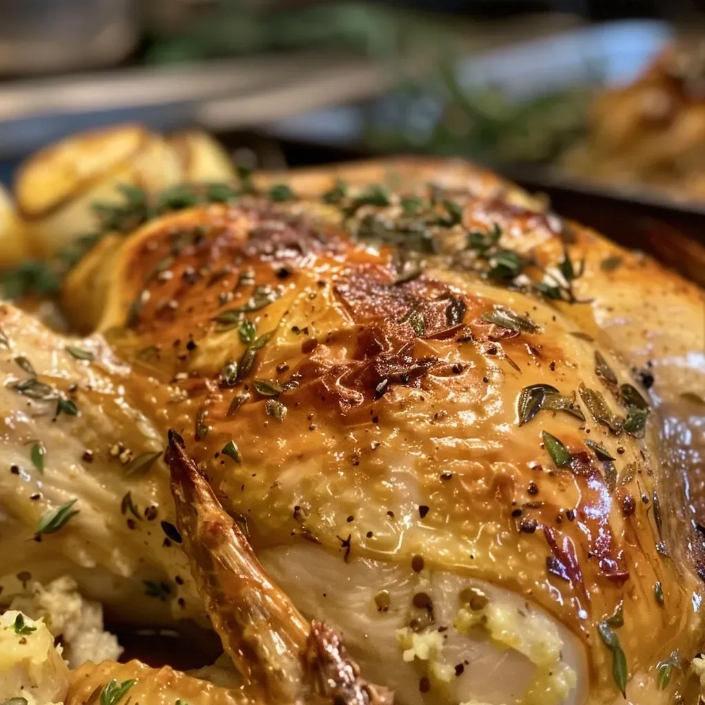 Side view of a perfectly roasted chicken marinated in buttermilk, with herbs visible.