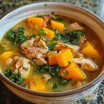 Close-up view of creamy Butternut Squash Soup with chicken and garnished herbs.