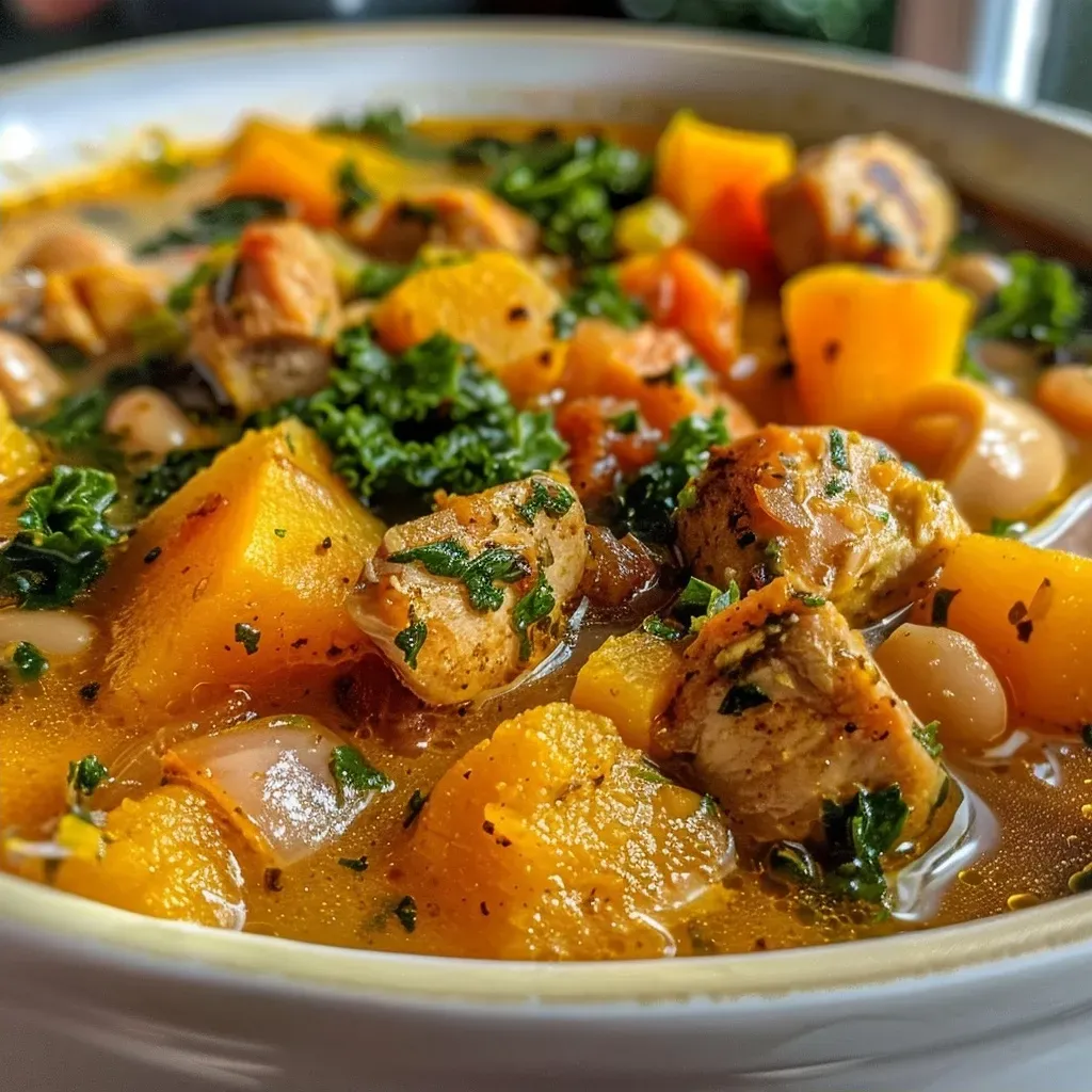 Side angle of a bowl filled with Butternut Squash Soup, featuring chicken pieces and greens.