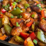 A close-up view of a Cajun Chicken Skillet featuring juicy chicken and colorful bell peppers.