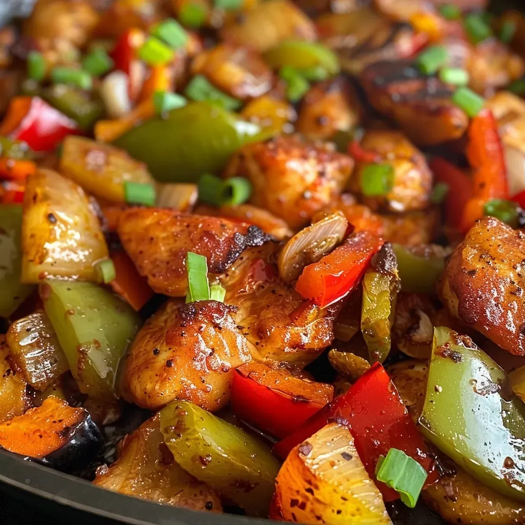 A close-up view of a Cajun Chicken Skillet featuring juicy chicken and colorful bell peppers.