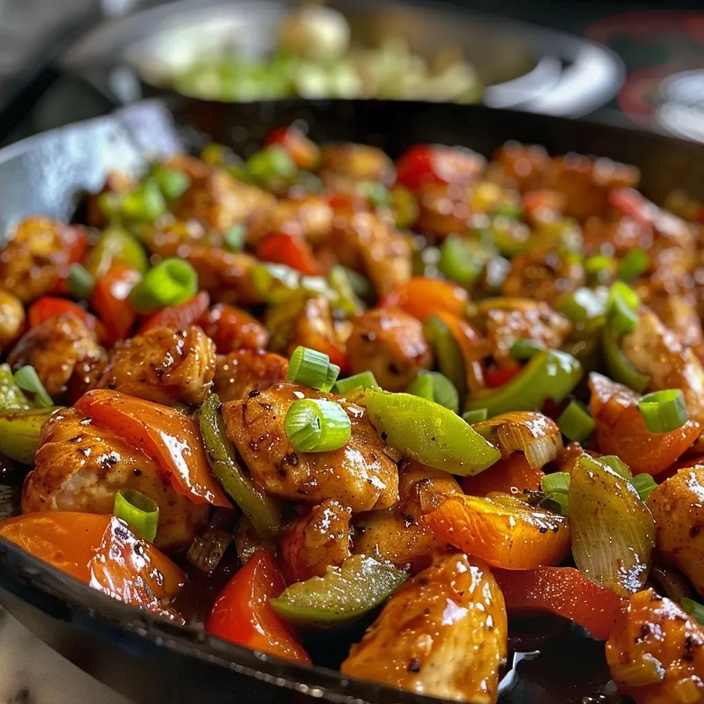 A vibrant skillet with Cajun chicken, bell peppers, and green onions, captured from the side.