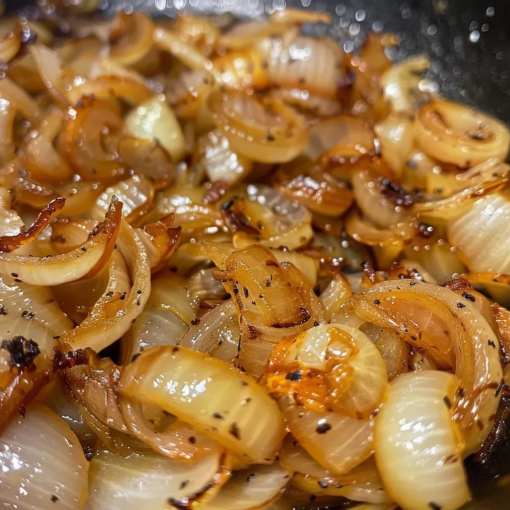 Close-up view of caramelized onions, showcasing their glossy, rich brown color.