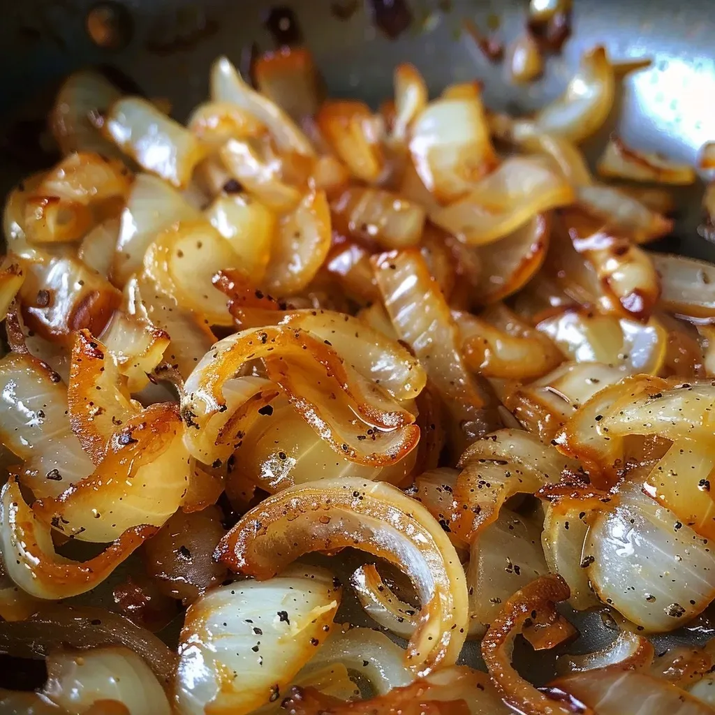 Side view of juicy, golden-brown caramelized onions in a well-lit setting.