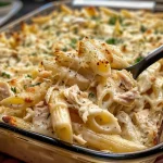 Close-up view of a cheesy chicken Alfredo pasta bake with golden melted cheese on top.