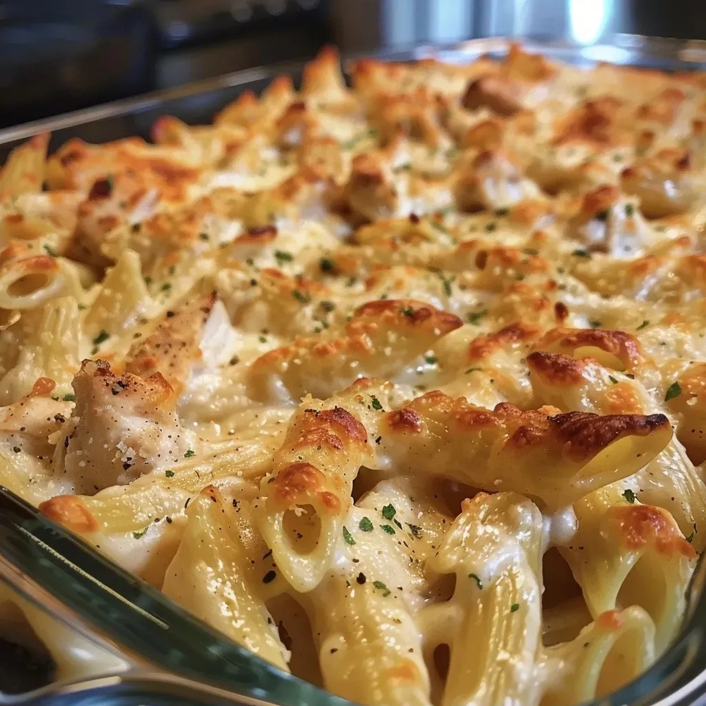 A side view of a baked dish featuring chicken Alfredo pasta topped with mozzarella and Parmesan.