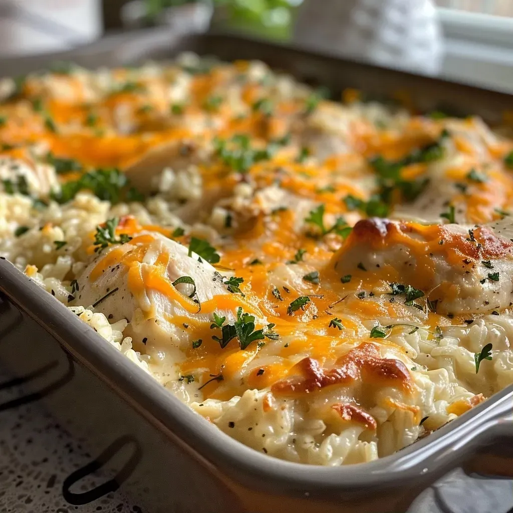 A close-up side view of a cheesy chicken and rice casserole served in a baking dish.