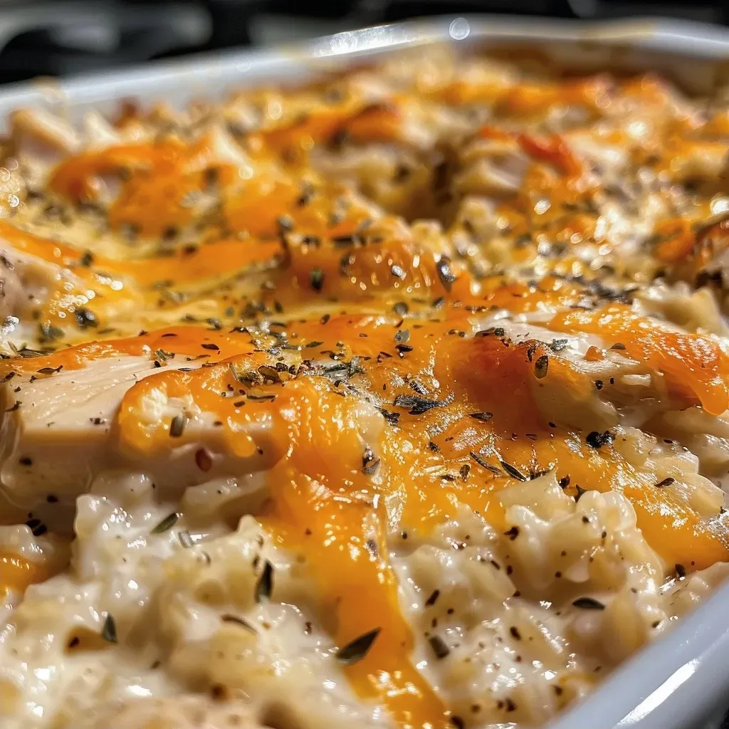 A delicious slice of cheesy chicken and rice casserole, showcasing its creamy texture and golden cheese on top.