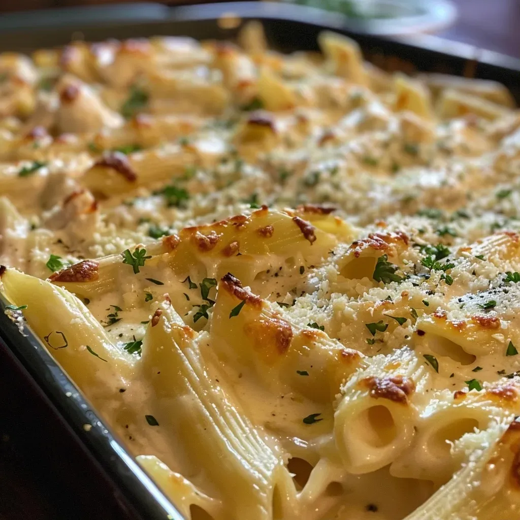 A close-up view of a Chicken Alfredo Bake, showing creamy pasta, chicken, and melted cheese.