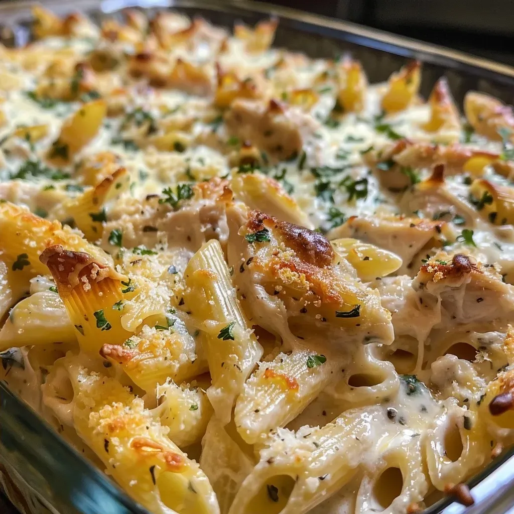 Side view of a delicious Chicken Alfredo Bake with golden cheese and herbs on top.