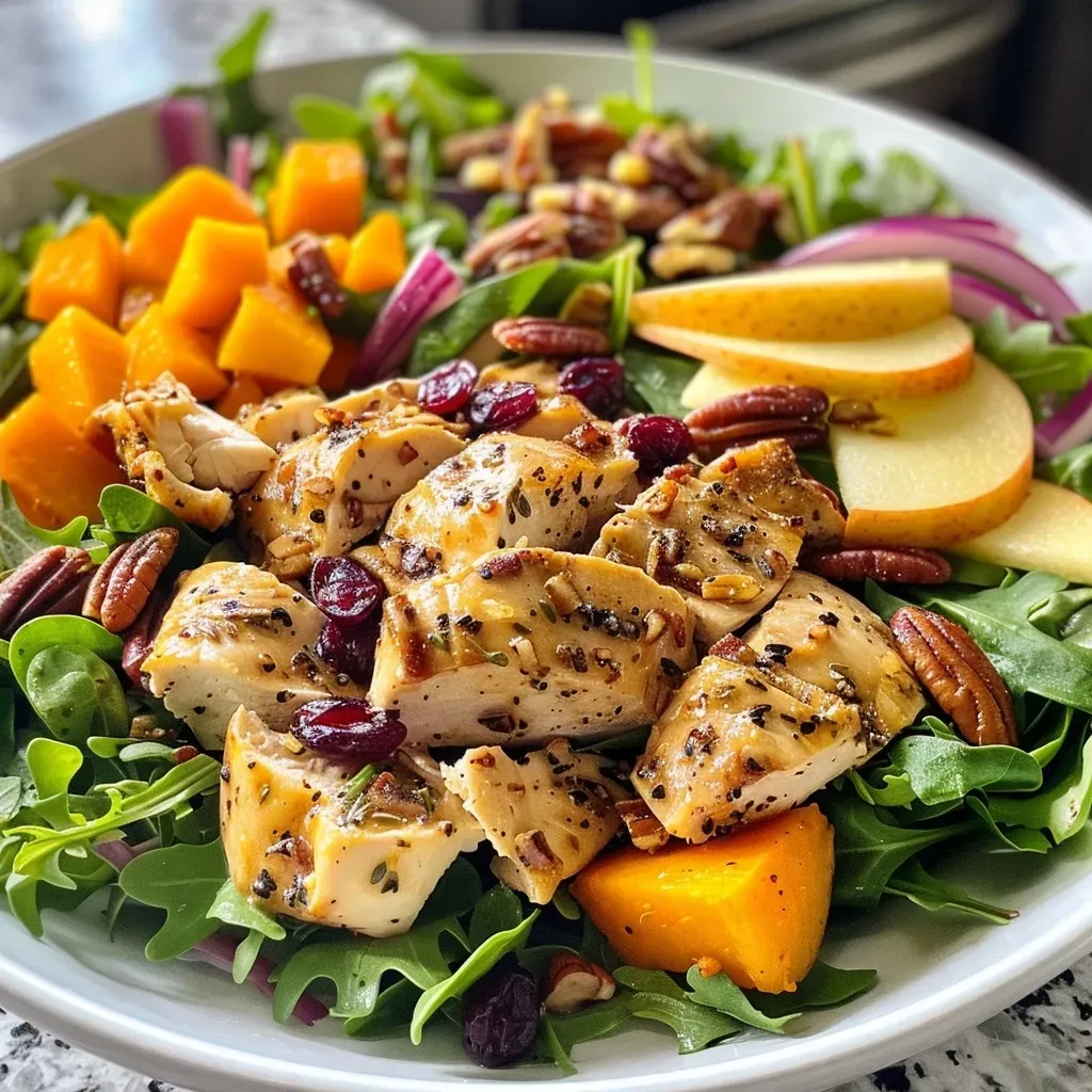 Side view of a delicious Chicken and Butternut Salad showcasing mixed salad greens and crunchy pecans.