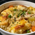 A close-up view of a hearty Chicken and Dumpling Casserole, showcasing juicy chicken and colorful vegetables.
