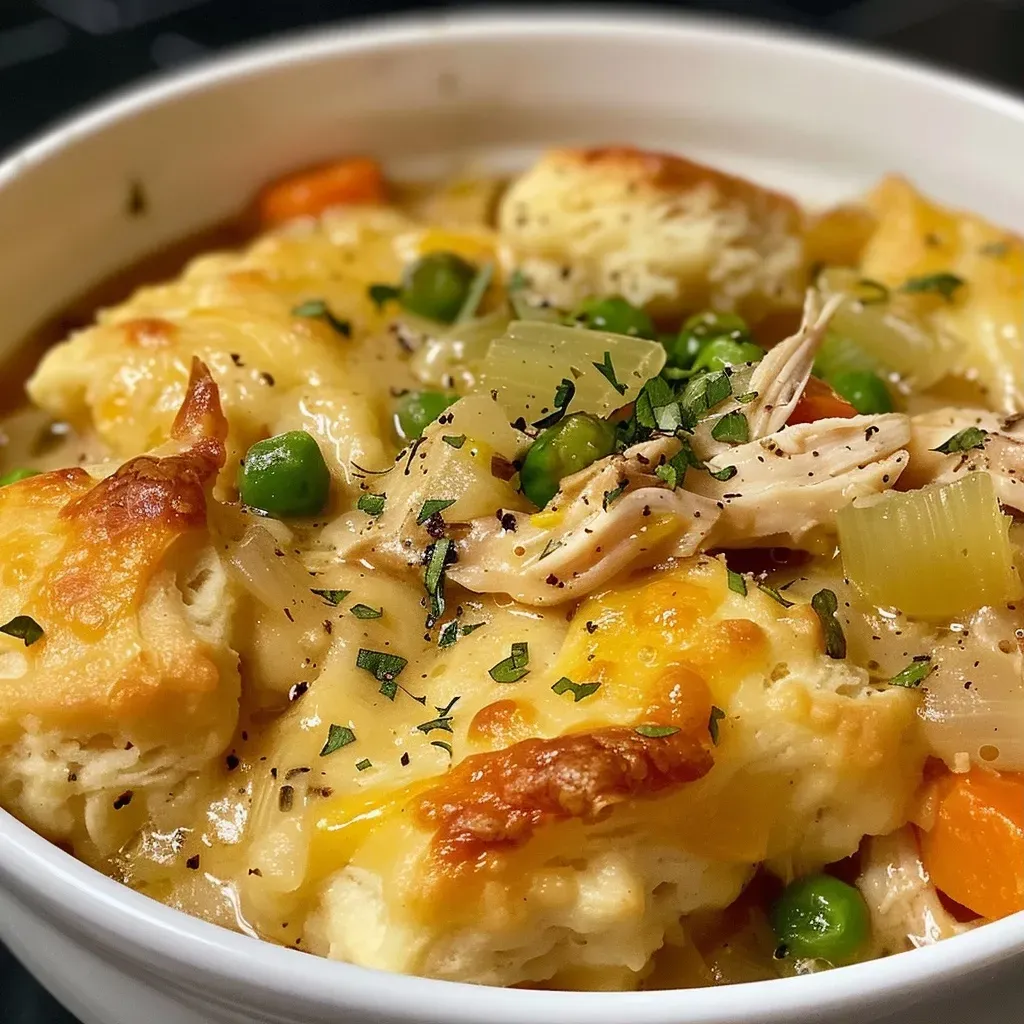 Close-up of a hearty chicken and dumpling casserole topped with golden biscuit pieces.