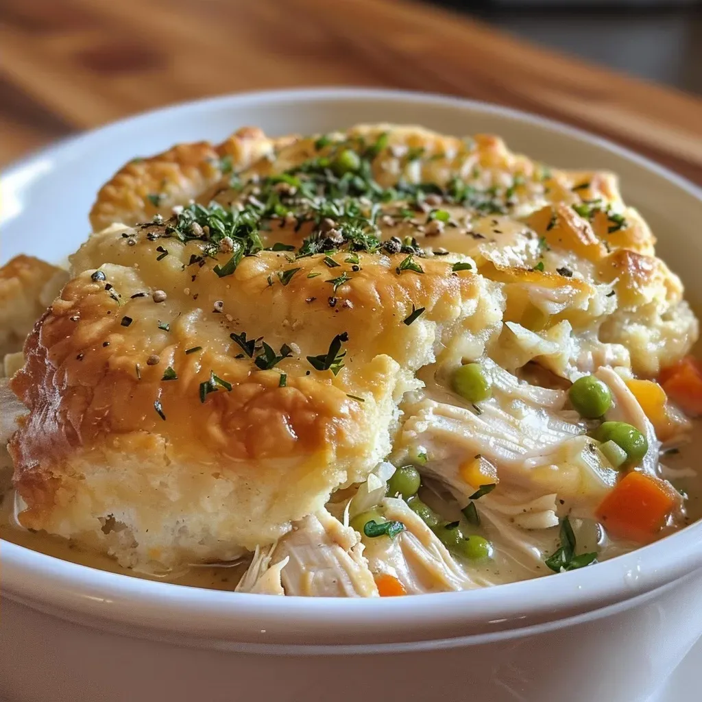 Side view of a bubbling chicken and dumpling casserole showcasing shredded chicken and colorful vegetables.