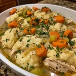 Close-up of a bowl filled with chicken and dumplings, featuring a creamy broth and vegetables.