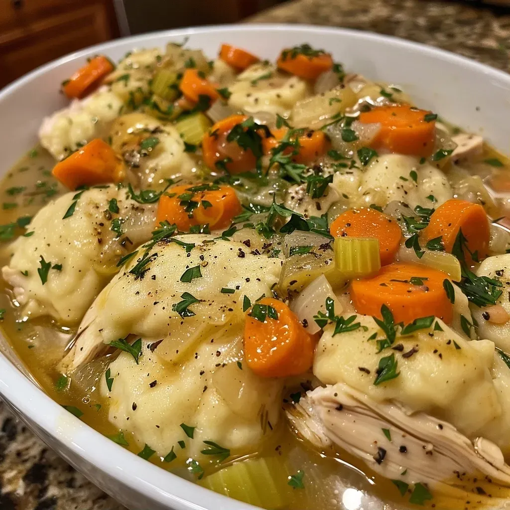 Close-up of a bowl filled with chicken and dumplings, featuring a creamy broth and vegetables.